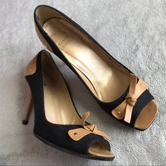Stuart Weitzman Shoes - Stuart Weitzman Tally Leather Bow Peep Toe Heel 8